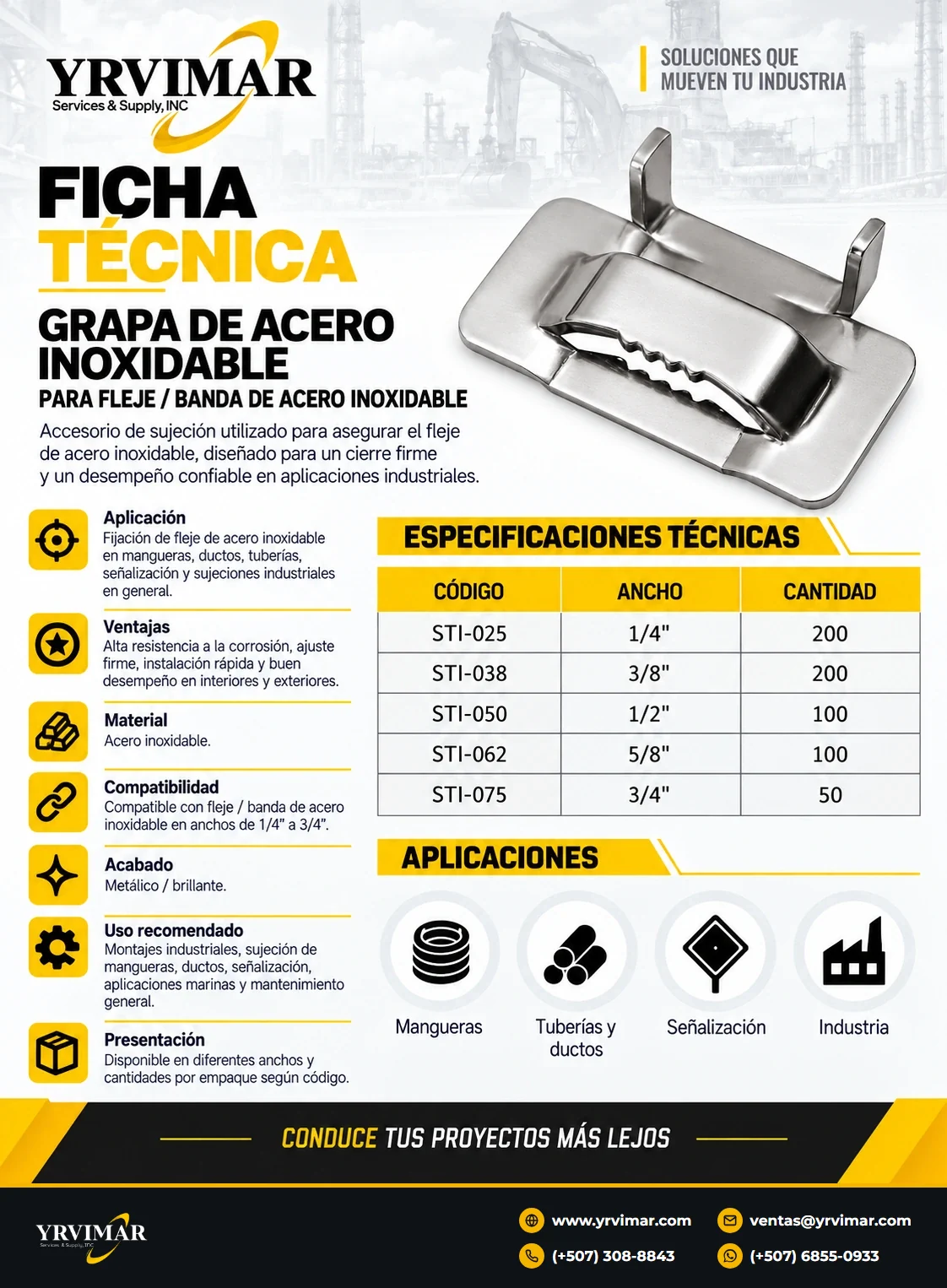 Ficha técnica — Grapa de Acero Inoxidable para Fleje (STI)