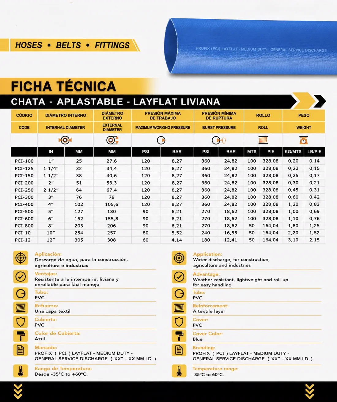 Ficha técnica — Manguera Chata Layflat Liviana (PCI)