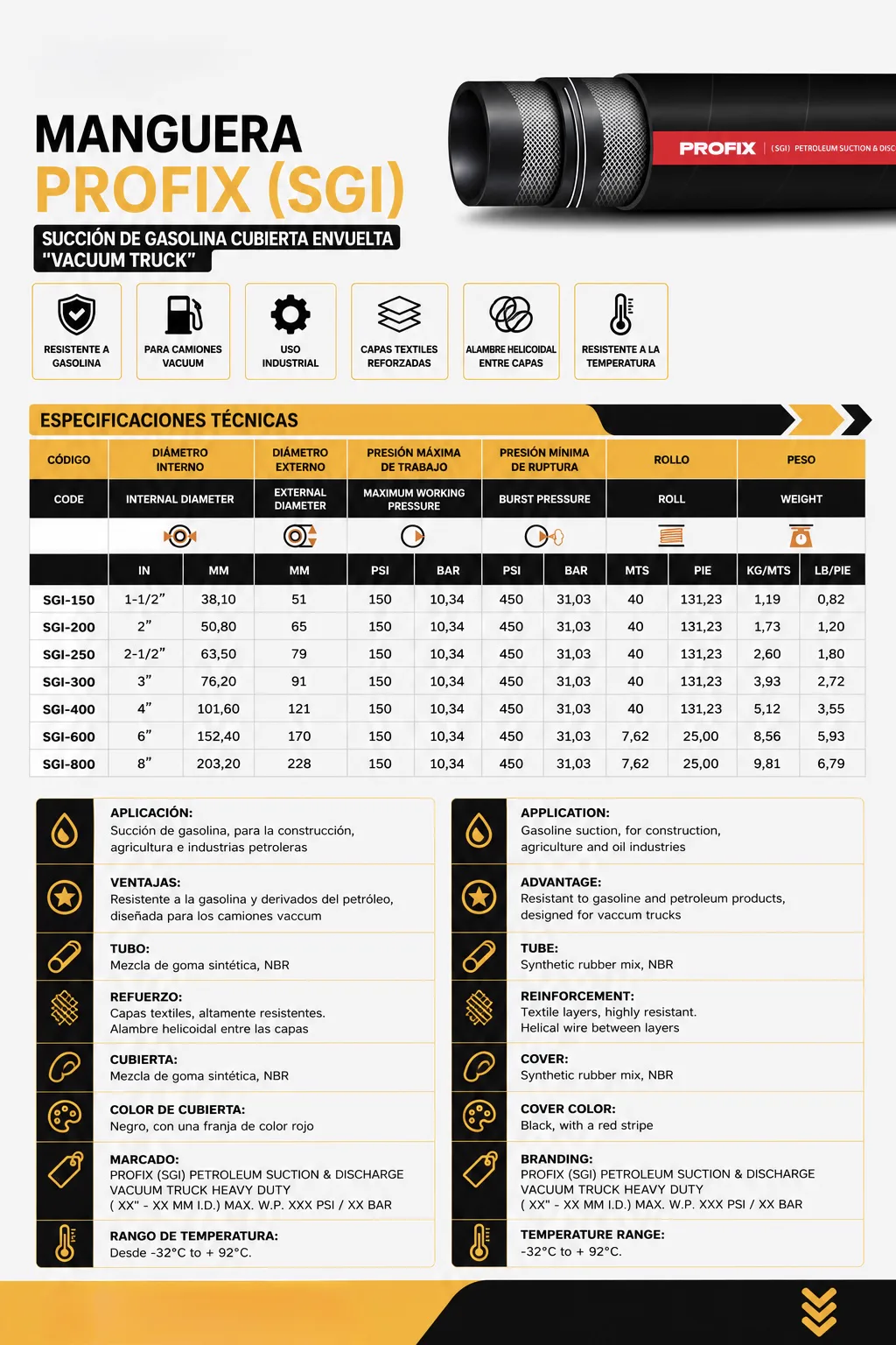 Datasheet — Gasoline Suction Hose "Vacuum Truck" (SGI)